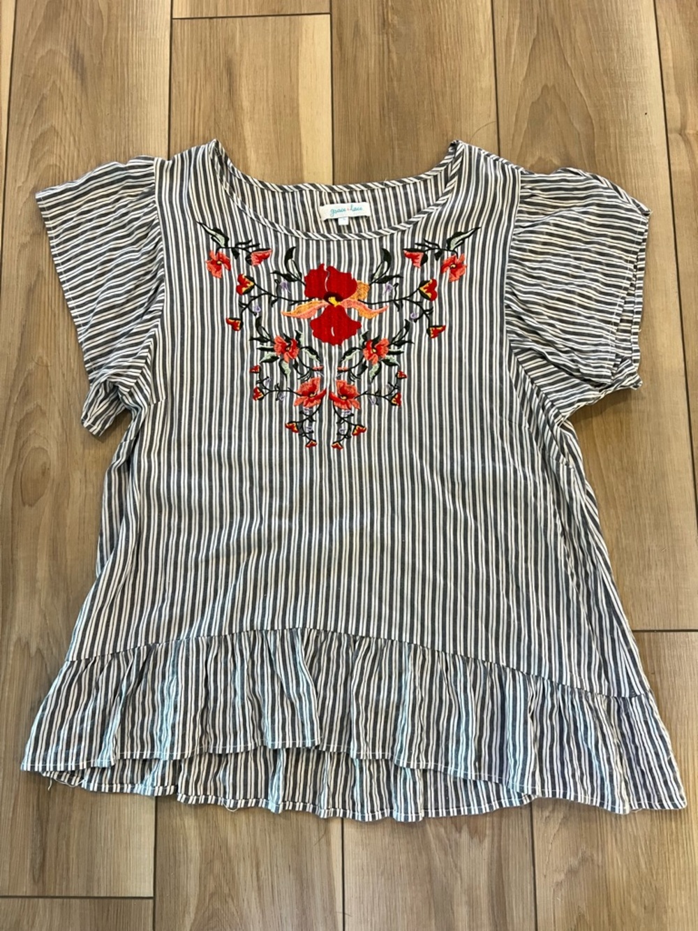 Grace & Lace Striped Peplum Top with Red Floral Embroidery / L